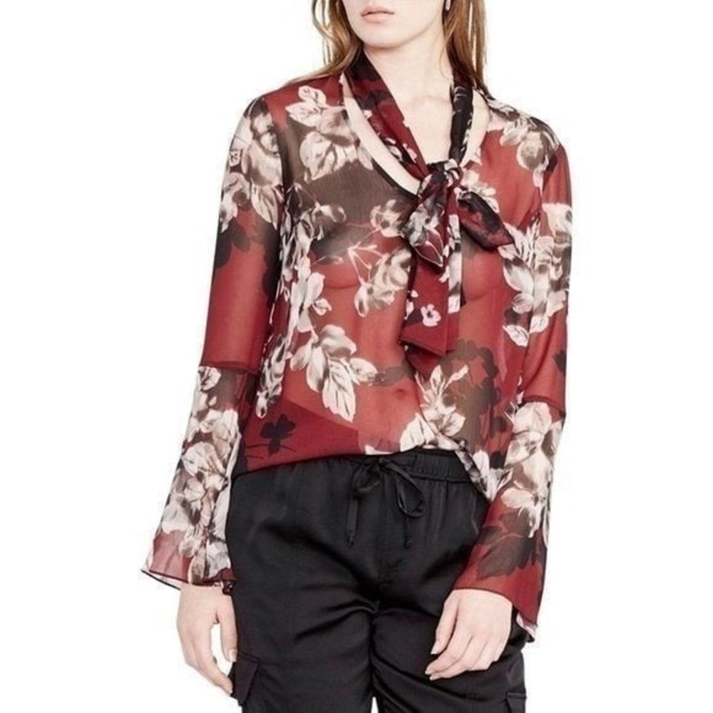 Rachel Rachel Roy Women's Sz 0 Sheer Tie Neck Blouse Burgundy Floral Long Sleeve